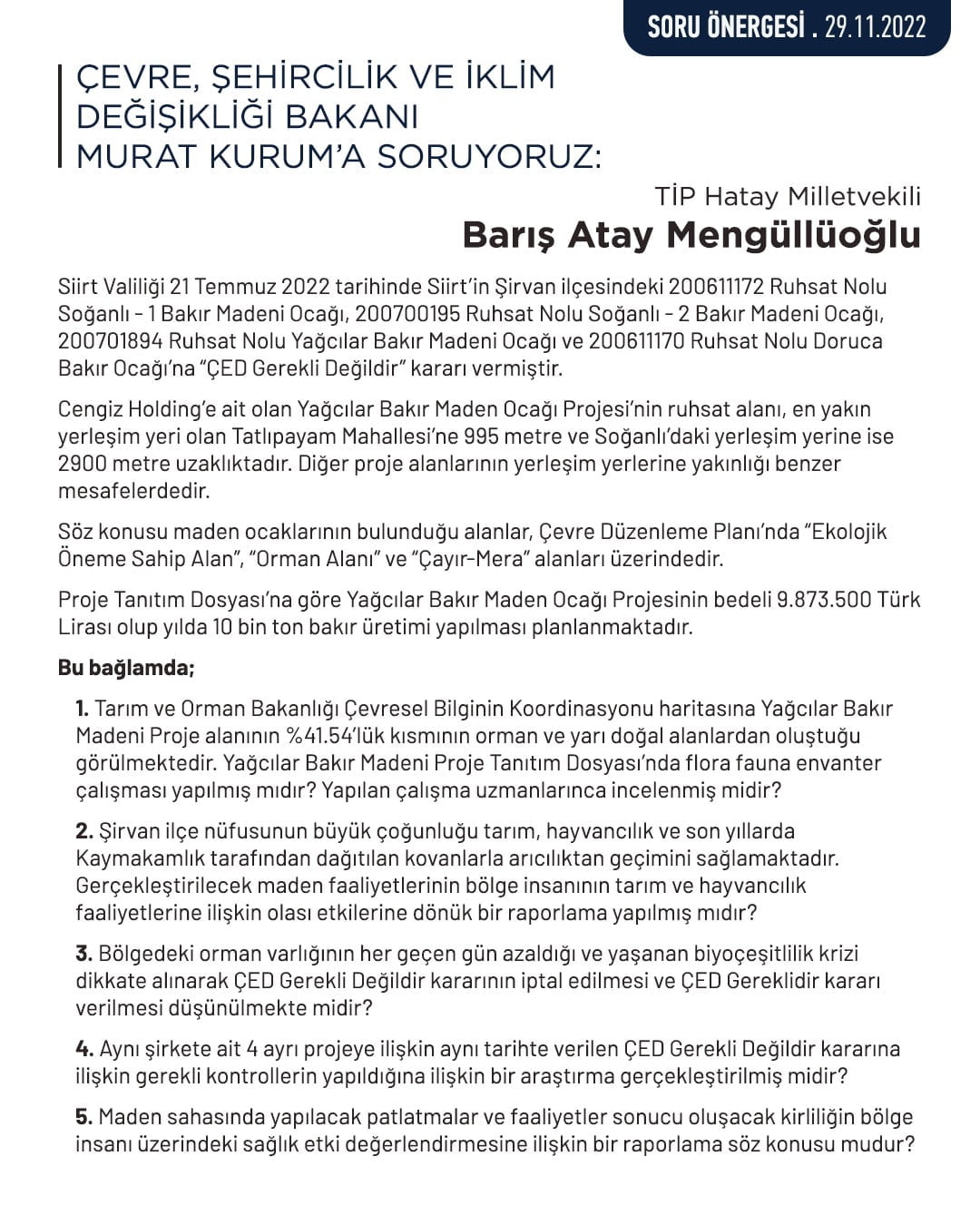 Yağcılar Bakır Madeni Ocağı Bakana Soruldu 1 Yağcılar Bakır Madeni Ocağı Bakana Soruldu