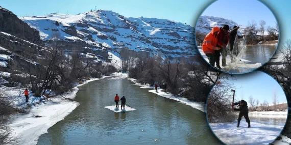 Dondurucu Soğukta Zorlu Av: Buzu Kırıp Balıkları Topluyorlar