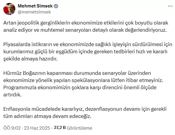 Bakan Şimşek'ten "Hürmüz Boğazı" Açıklaması